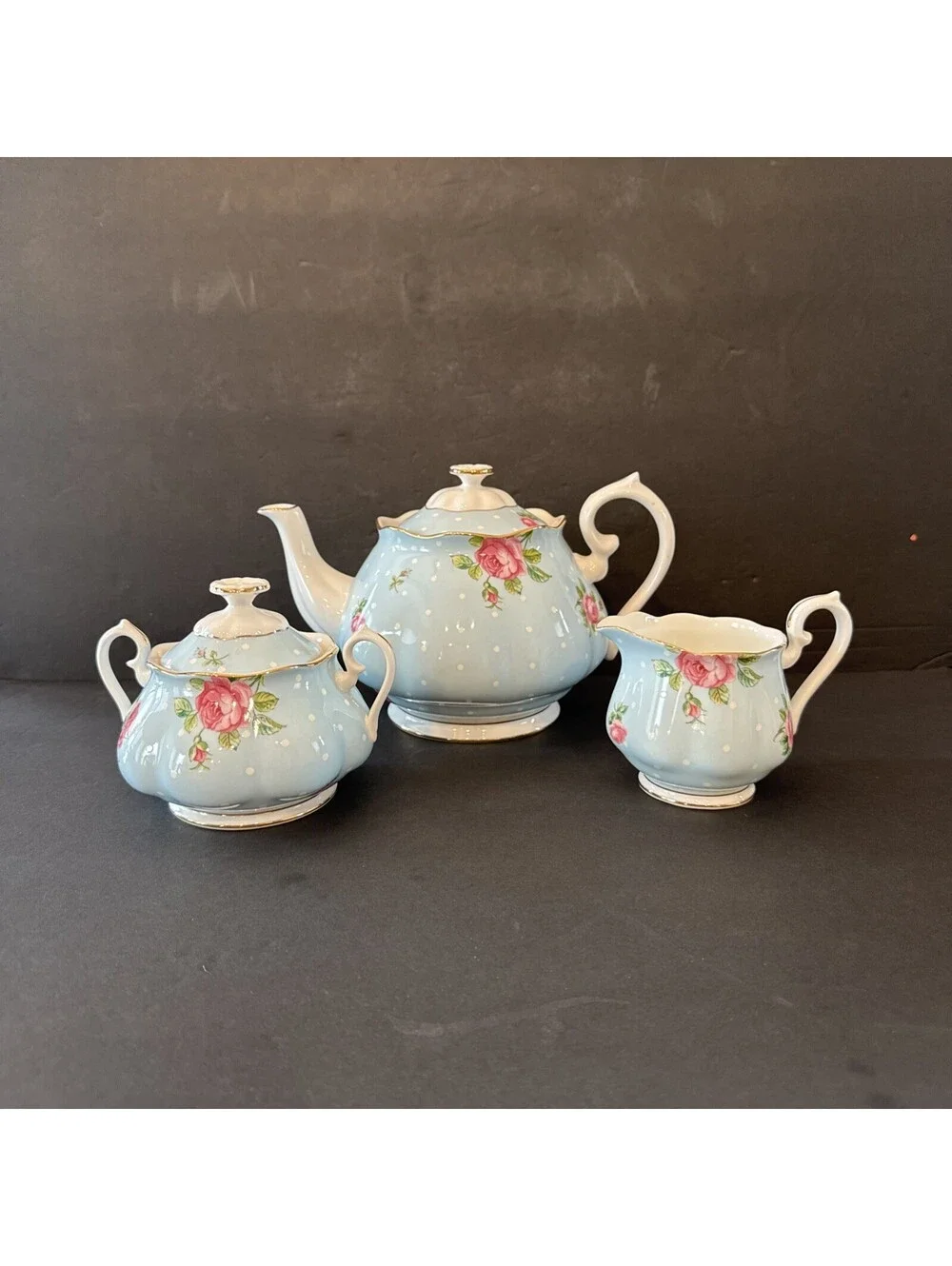 Royal Albert Polka Blue Tea Set 3 Piece Tea Pot Sugar And Creamer Gorgeous